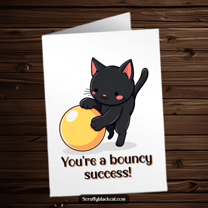 Funny Free Printable Congrats Card: Black Cat Doing a Playful Pounce on a Bright Bouncy Ball