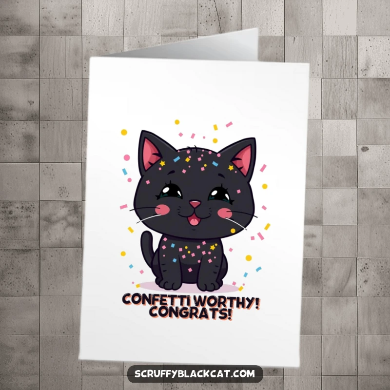 Funny Free Printable Congratulations Card: Black cat beaming with a silly grin, festively covered in a shower of confetti.