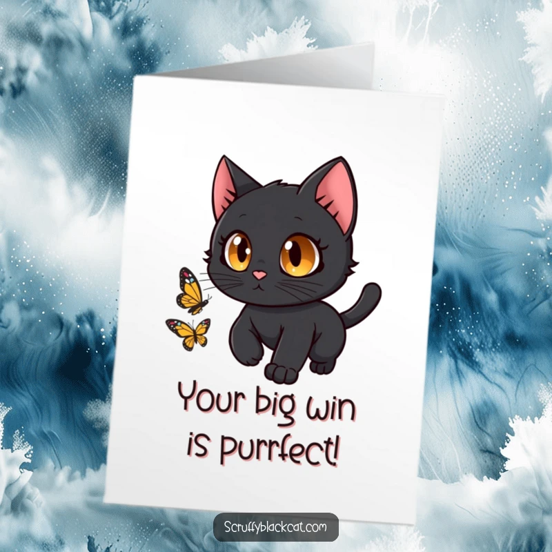 Funny Free Printable Congratulations Card: Goofy black cat leaping after a butterfly, expressing surprise and joy. Downloadable celebration.