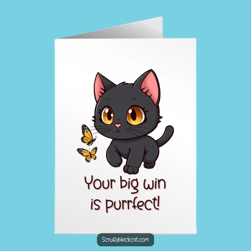Free Printable Congrats Card: Curious Black Cat Butterfly Chase - Funny Downloadable