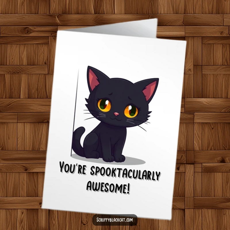 Funny Free Printable Congratulations Card: Black cat with luminous glowing eyes peering out from a deep, mysterious shadow.