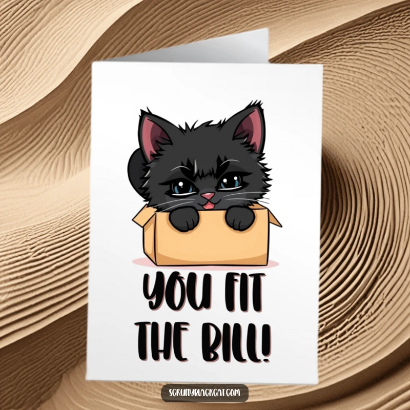 Free Printable congratulations card: A scruffy black kitten with a sly, mischievous grin pokes its head out from a cardboard box.