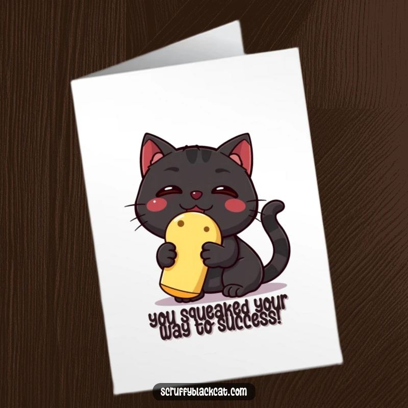 Free Printable Congratulations Card: Black cat beaming with pride, holding a squeaky toy, celebrating success.