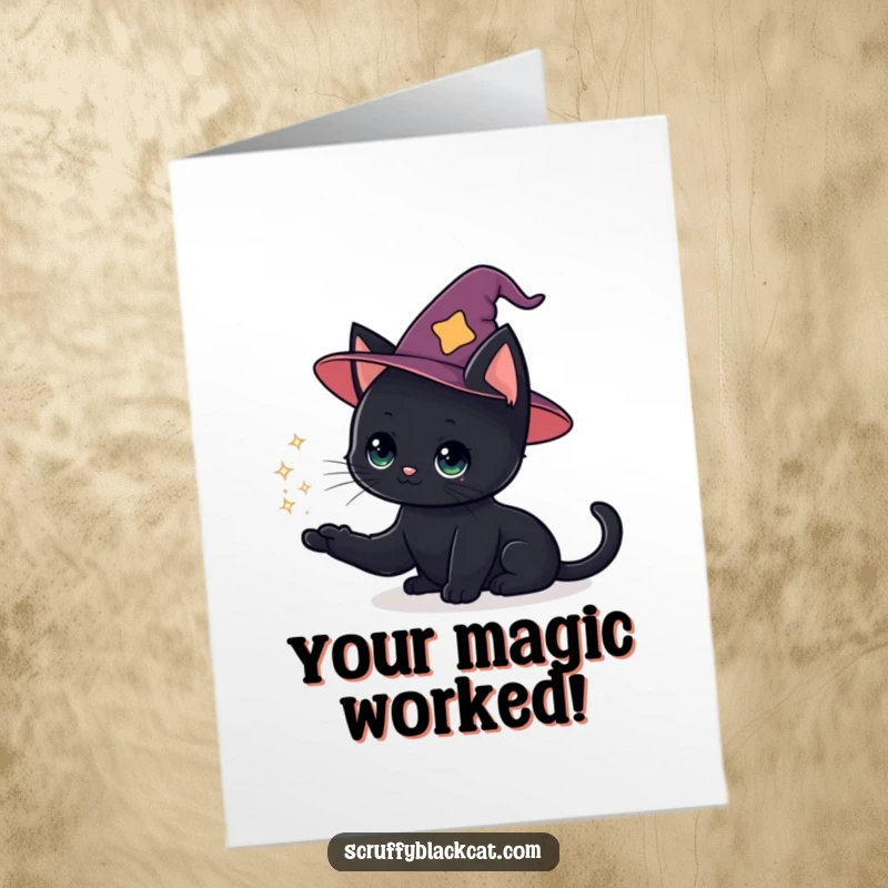 Funny Free Printable Congrats Card: Black Cat in Wizard Hat Conjuring a Sparkly Puff