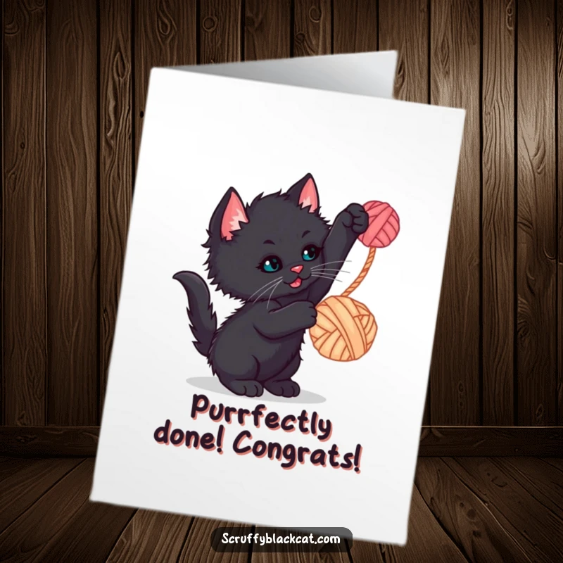 Funny Free Printable Congratulations Card: An energetic scruffy black kitten pouncing and playing with a lively ball of yarn.