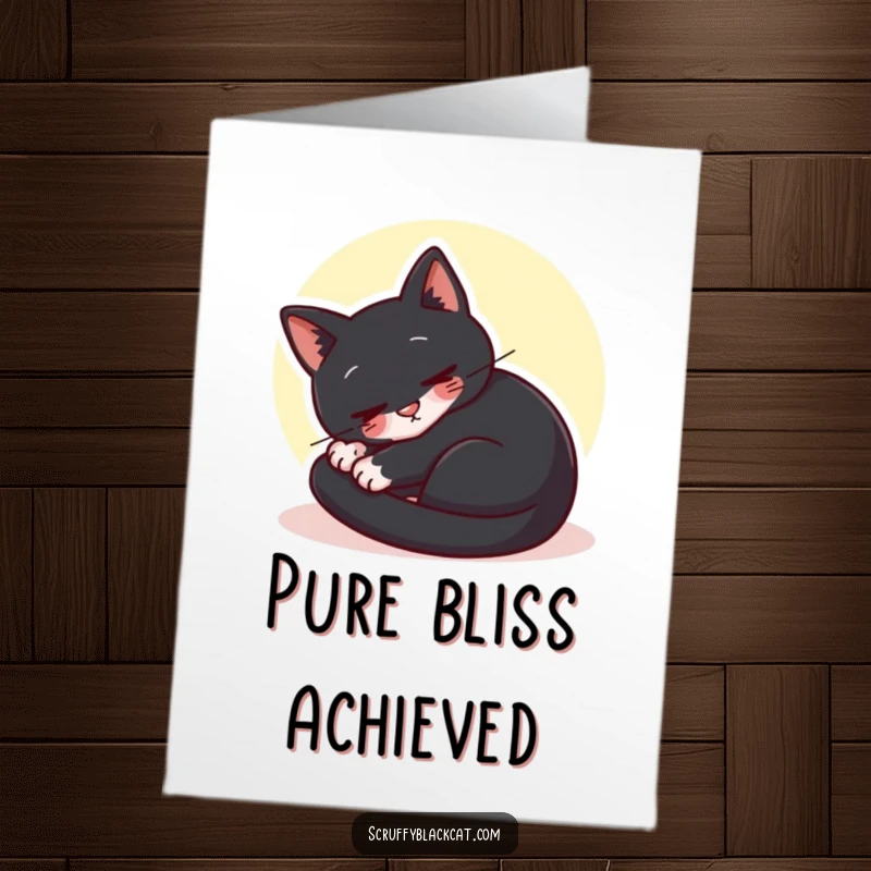 Cozy Free Printable Congratulations Card: Black cat blissfully asleep, curled up in a warm sunbeam, purring contentedly.