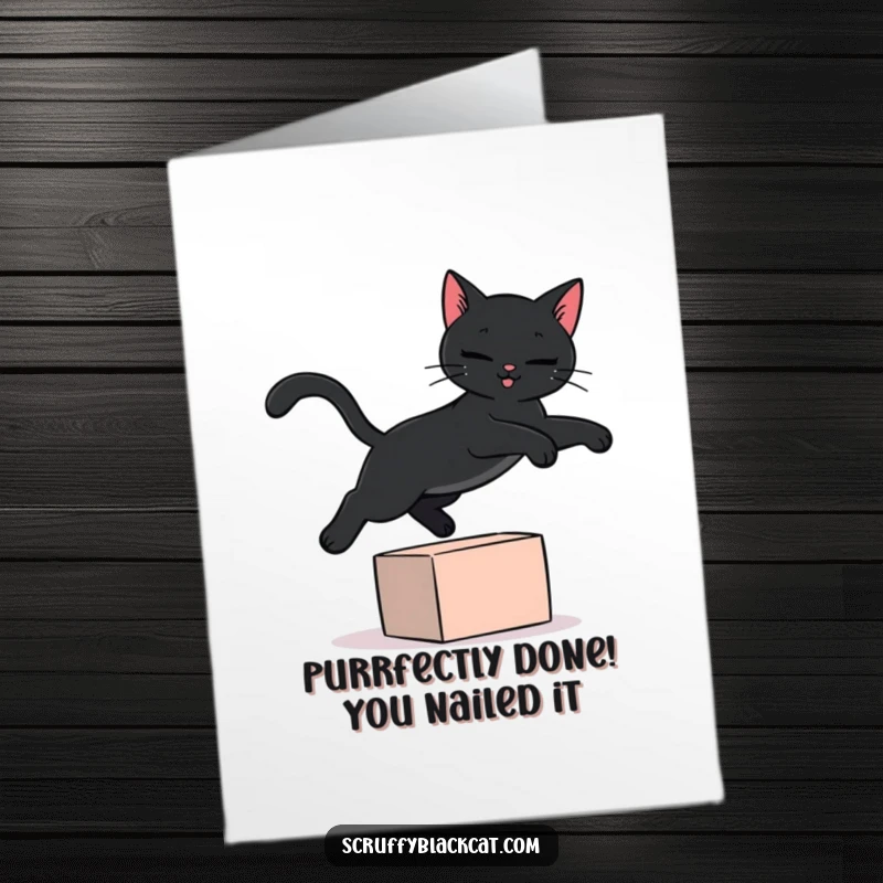 Funny Free Printable Congratulations Card: A black cat gracefully leaping, symbolizing success and cheer, downloadable art.