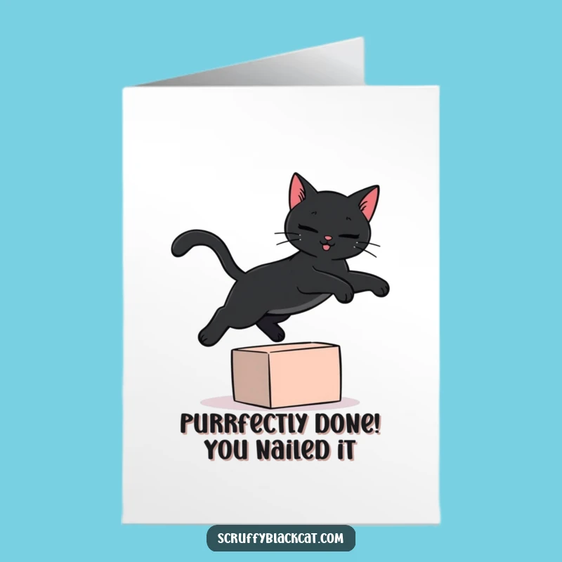Free Printable Funny Cat Congratulations Card: Graceful Leap Downloadable