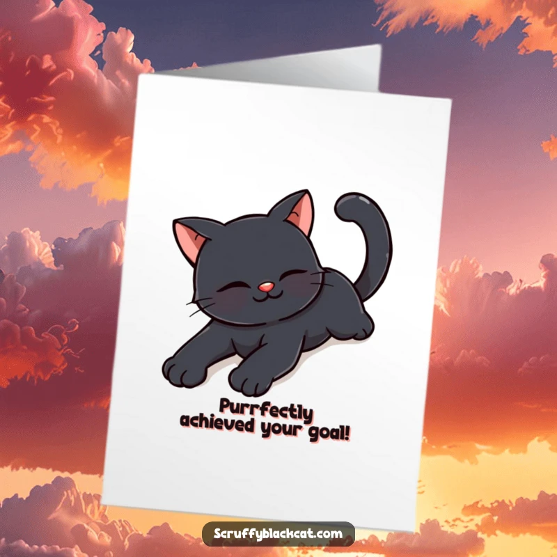 Free Printable Congrats Card: A happy black cat stretches out with a tiny smile, ideal for celebrating achievements.