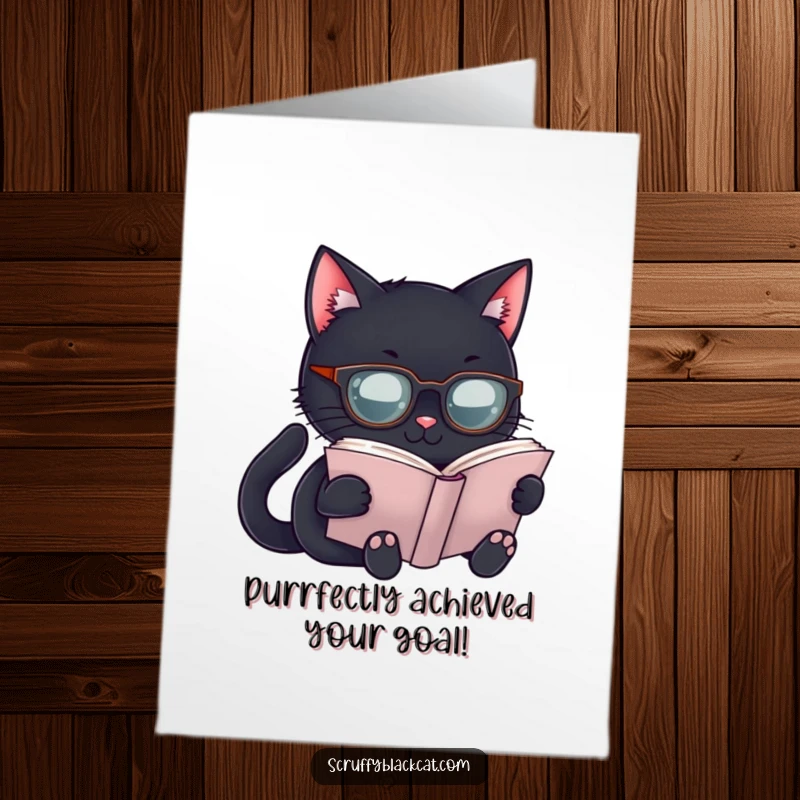 Free Printable Congratulations Card: Black cat in tiny spectacles intently reading a book, celebrating intelligence.