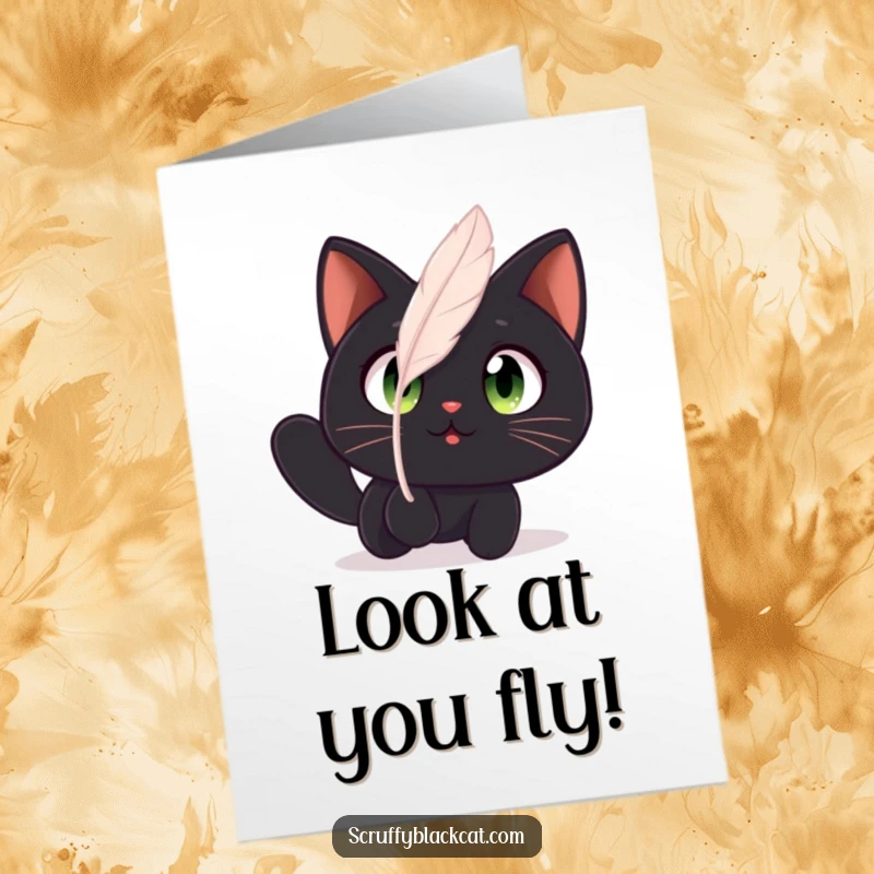 Funny Free Printable Congrats Card: Black Cat with Wide Amazed Eyes Watching a Floating Feather