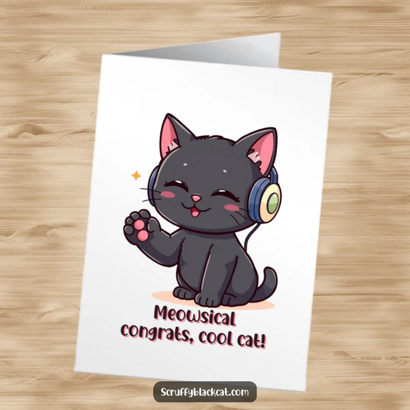 Funny Free Printable Congratulations Card: A cat in headphones taps its paw enthusiastically, celebrating a fantastic achievement.