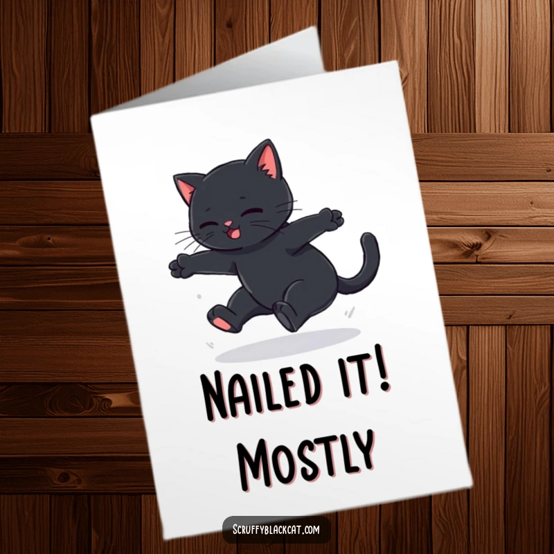 Funny Free Printable Congratulations Card: Black cat landing gently after a failed leap, looking a bit dazed.