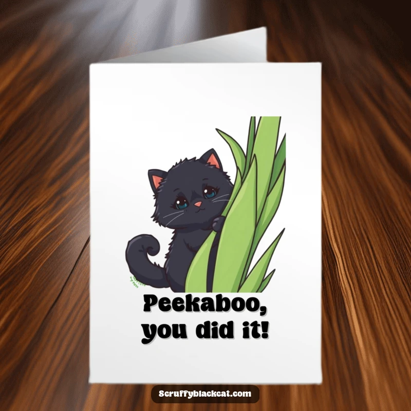Funny Free Printable Congrats Card: Fluffy black cat with curled tail peeking from behind a plant, conveying playful delight.