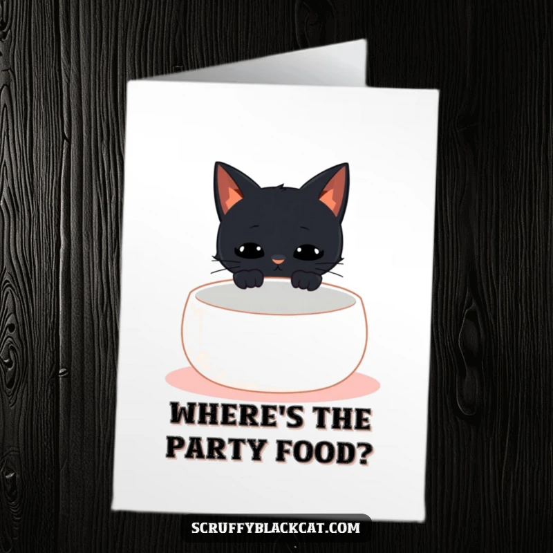 Funny Free Printable Congratulations Card: Black cat looking pleadingly at an empty food dish, meowing loudly for attention.