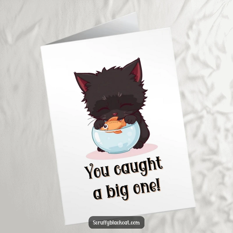 Free Printable congratulations card: A scruffy black kitten with focused eyes gently paws towards a tiny fish in a small bowl.
