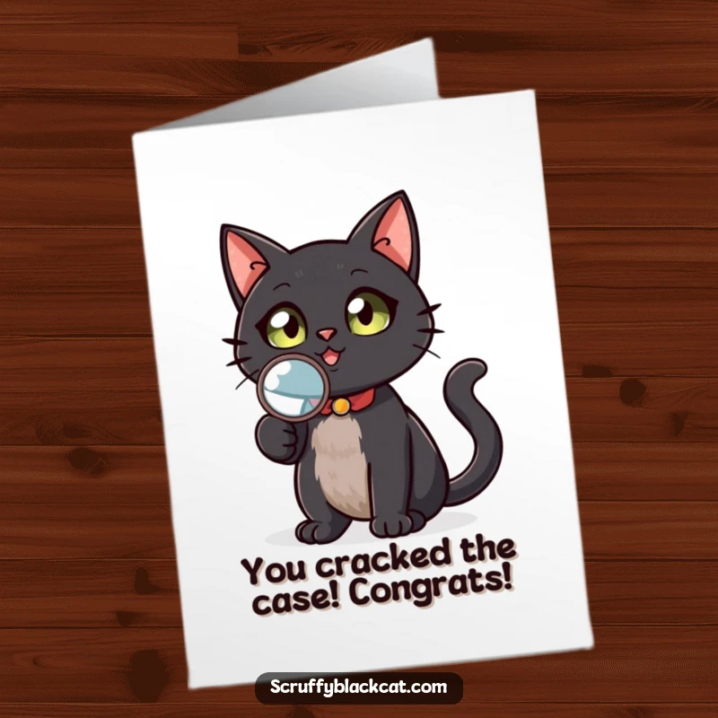 Funny Free Printable Congrats Card: Black cat detective holding magnifying glass, looking up triumphantly at success.
