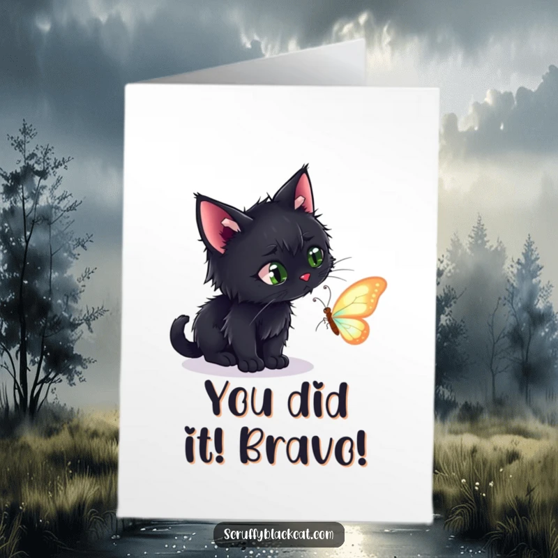 Funny Free Printable Congratulations Card: Scruffy black cat intensely stalking a butterfly, symbolizing focused success.