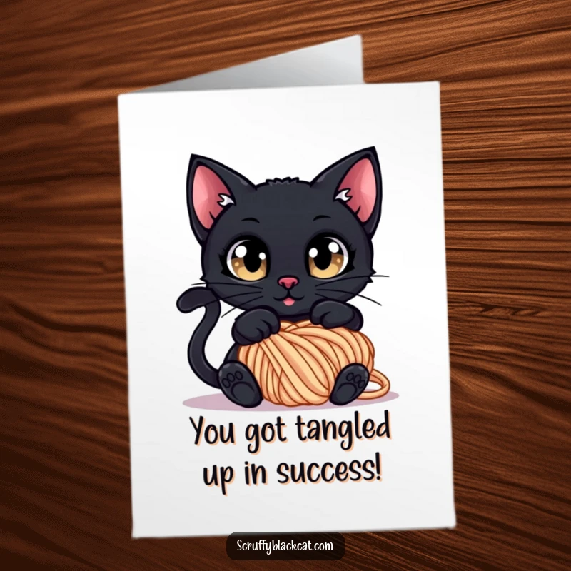 Funny Free Printable Congrats Card: Black cat with wide, curious eyes, hilariously entangled in a big ball of yarn, looking confused.