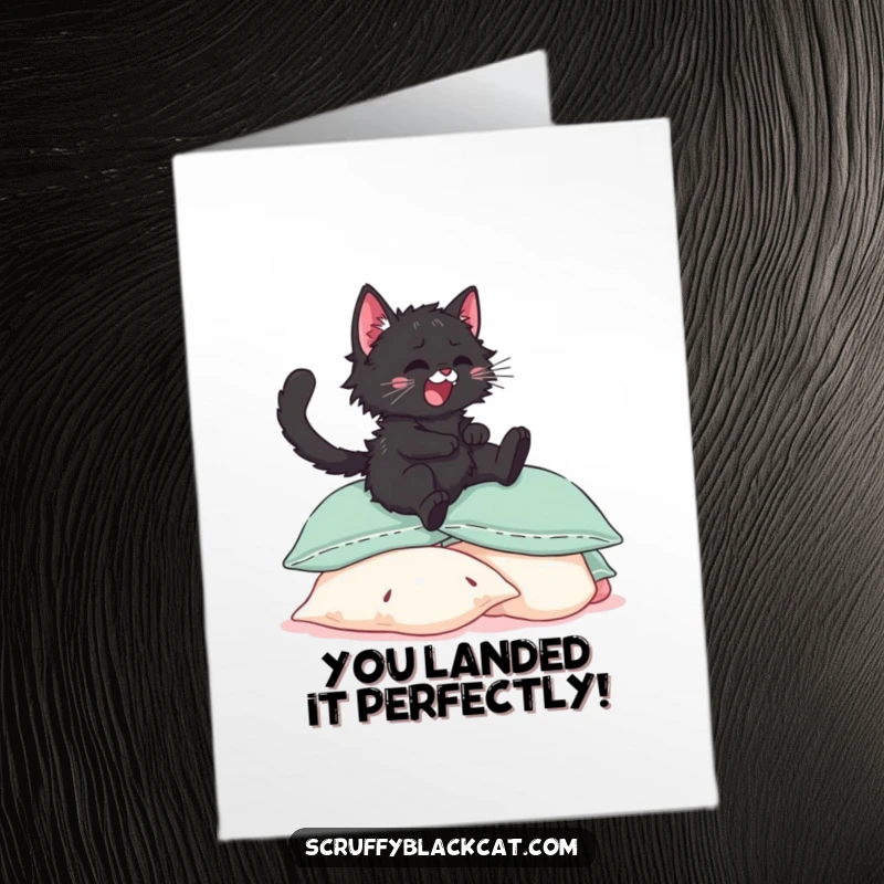 Free Printable congratulations card: A scruffy black kitten with eyes closed in happiness leaps onto a fluffy pile of pillows.