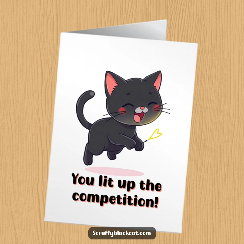 Funny Free Printable Congratulations Card: A black cat with playful abandon chases a flickering firefly, a humorous and spirited congratulatory image.