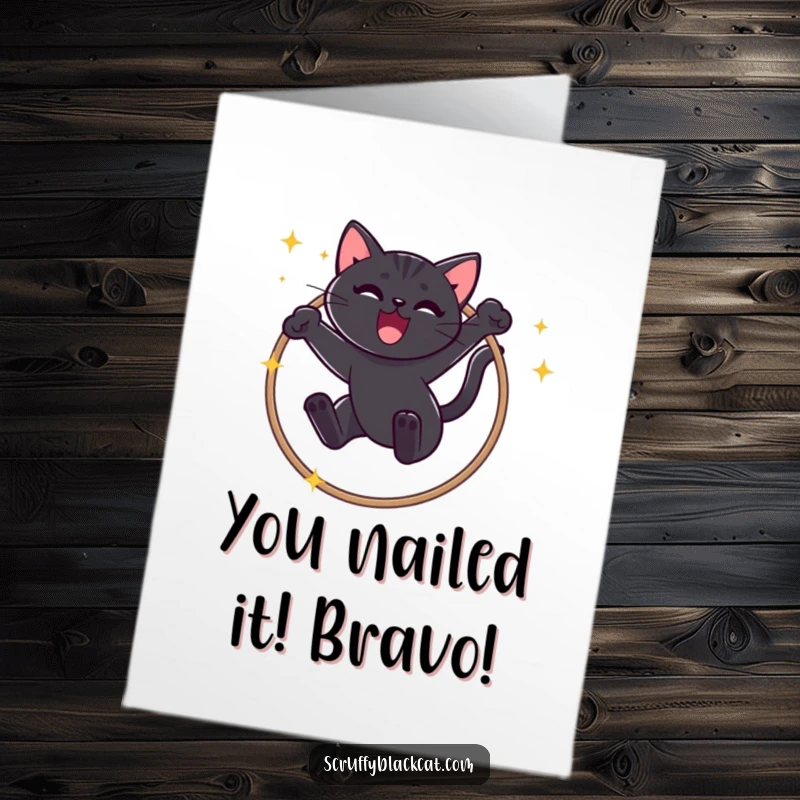 Funny Free Printable Congratulations Card: Black cat mid-air, leaping through a sparkly hoop, symbolizing achievement and fun.