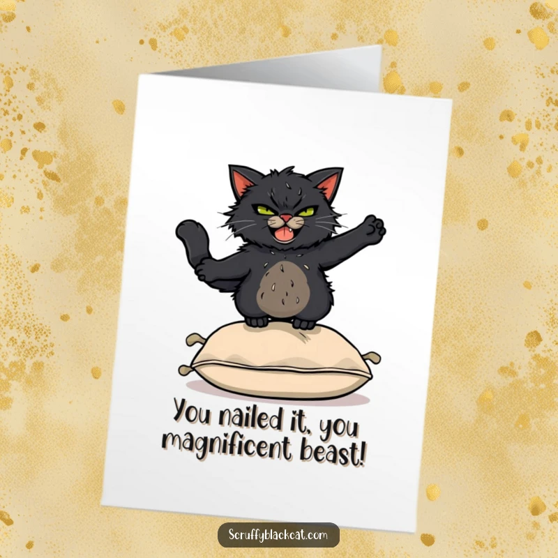 Funny Free Printable Congrats Card: Scruffy black cat executing a triumphant leap over a cushion with a grin.
