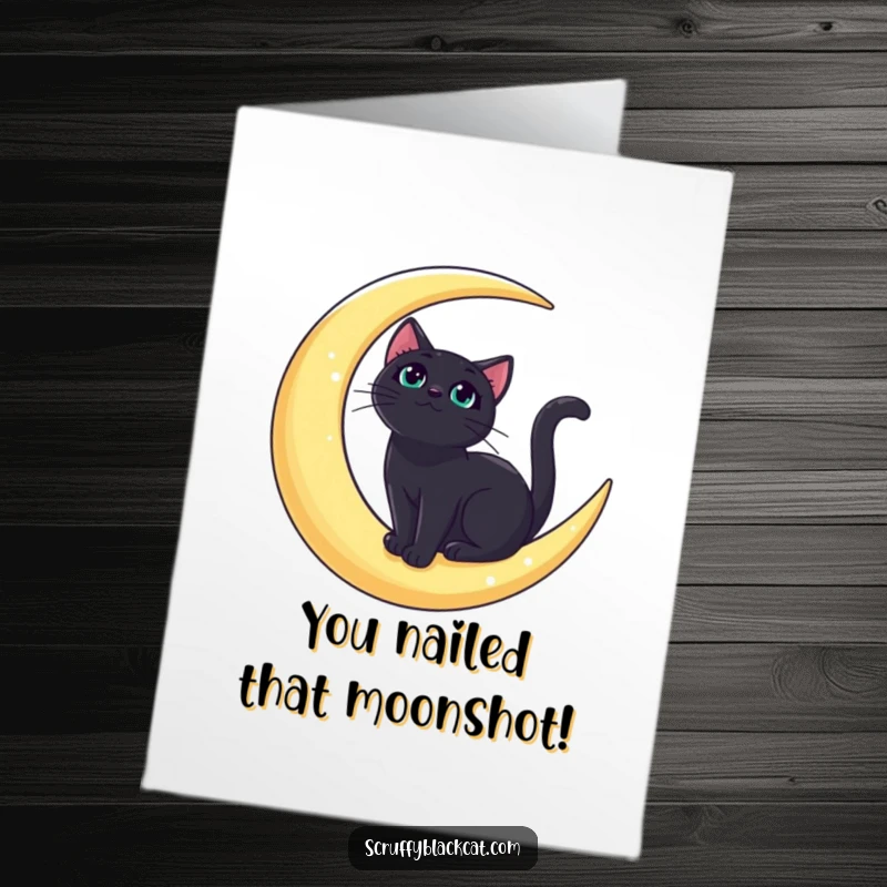 Free Printable Congrats Card: A bold black cat perched regally on a crescent moon, celebrating success.