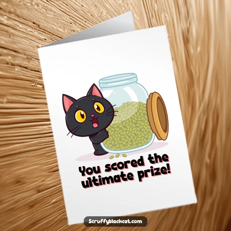 Funny Free Printable Congrats Card: A black cat's shocked face as it uncovers a giant jar overflowing with intoxicating catnip.