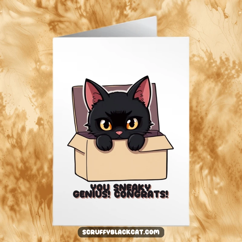 Funny Free Printable Congratulations Card featuring a sneaky black cat peeking from a box, eyes shining.