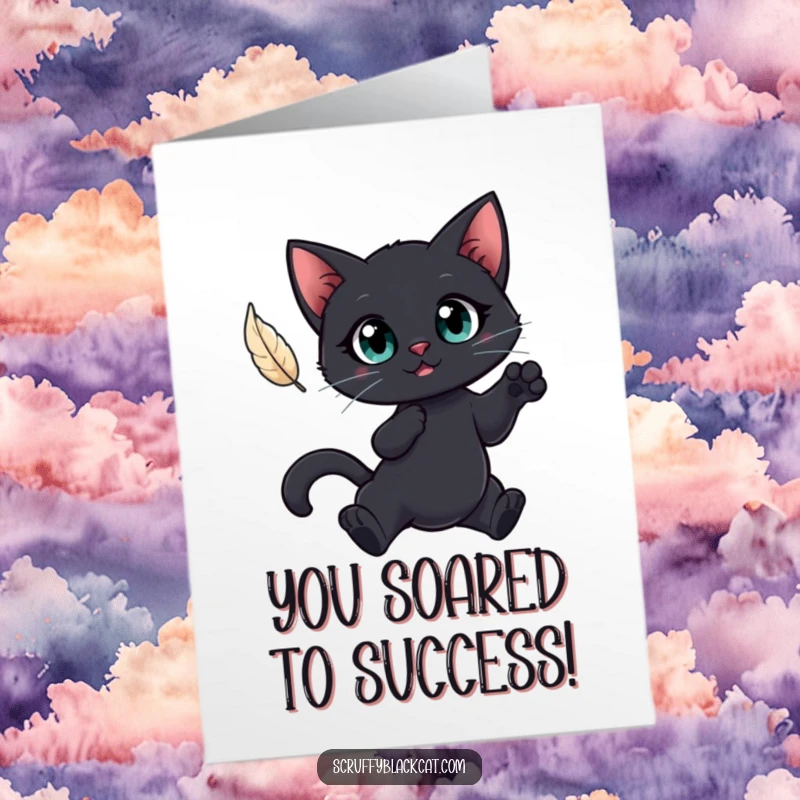 Funny Free Printable Congratulations Card: A cat with huge eyes leaps for a feather, celebrating your awesome success.