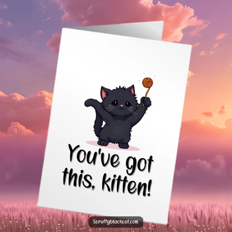 Funny Free Printable Congrats Card: Scruffy Black Kitten Playfully Batting at a Dangling Yarn Ball