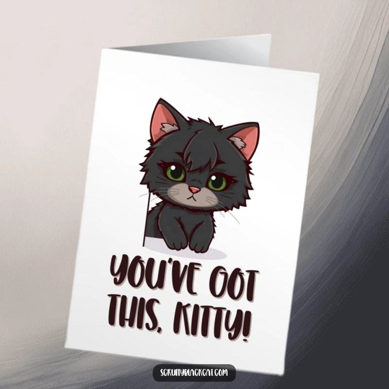 Funny Free Printable Congrats Card: Scruffy black cat with a lopsided ear slyly peeking around a corner to share congratulations.
