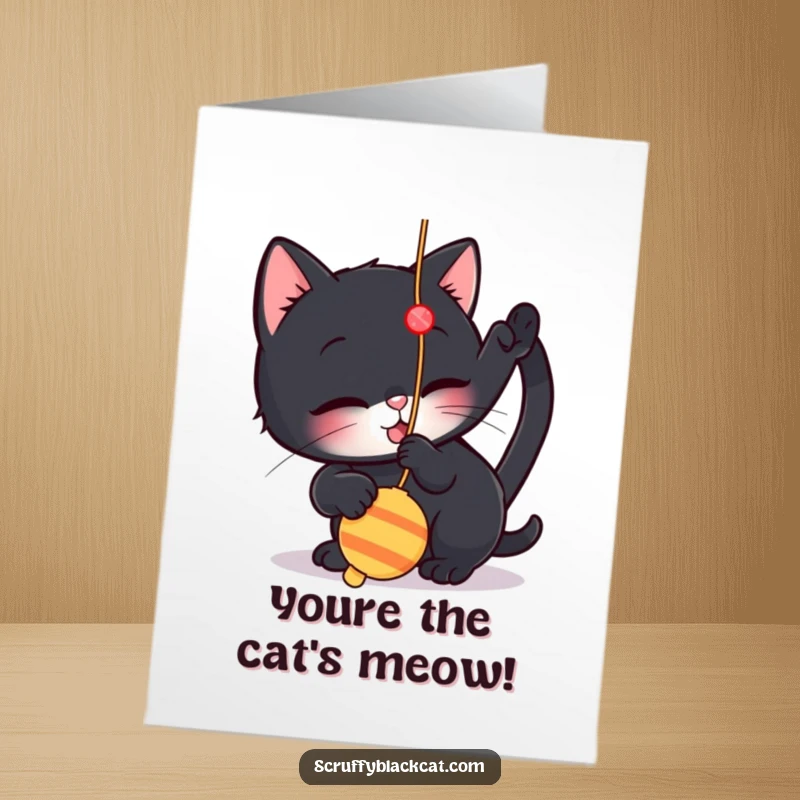 Funny free printable congratulations card showing a small black cat intently batting at a dangling string toy.