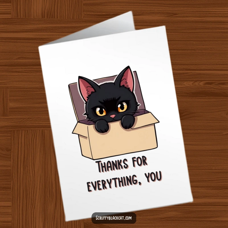 Funny Free Printable Thank You Card of a mischievous black cat peeking out from a shadowy box.