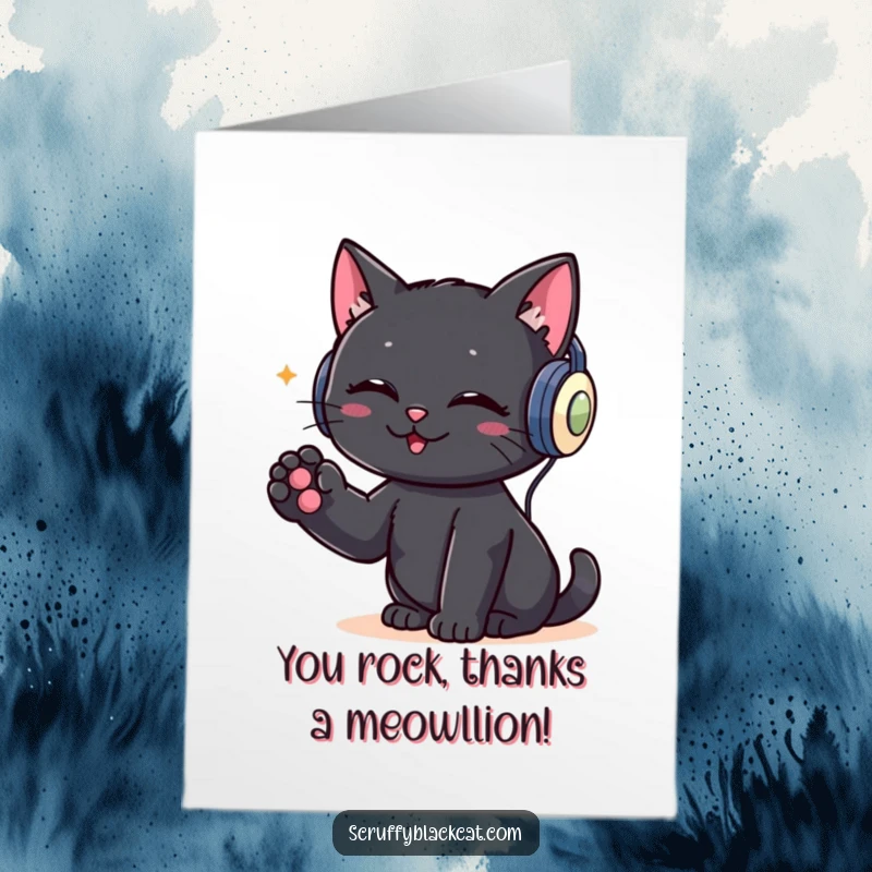 Funny Free Printable Thank You Card: A cool black cat wearing headphones taps its paw rhythmically, sending thanks.