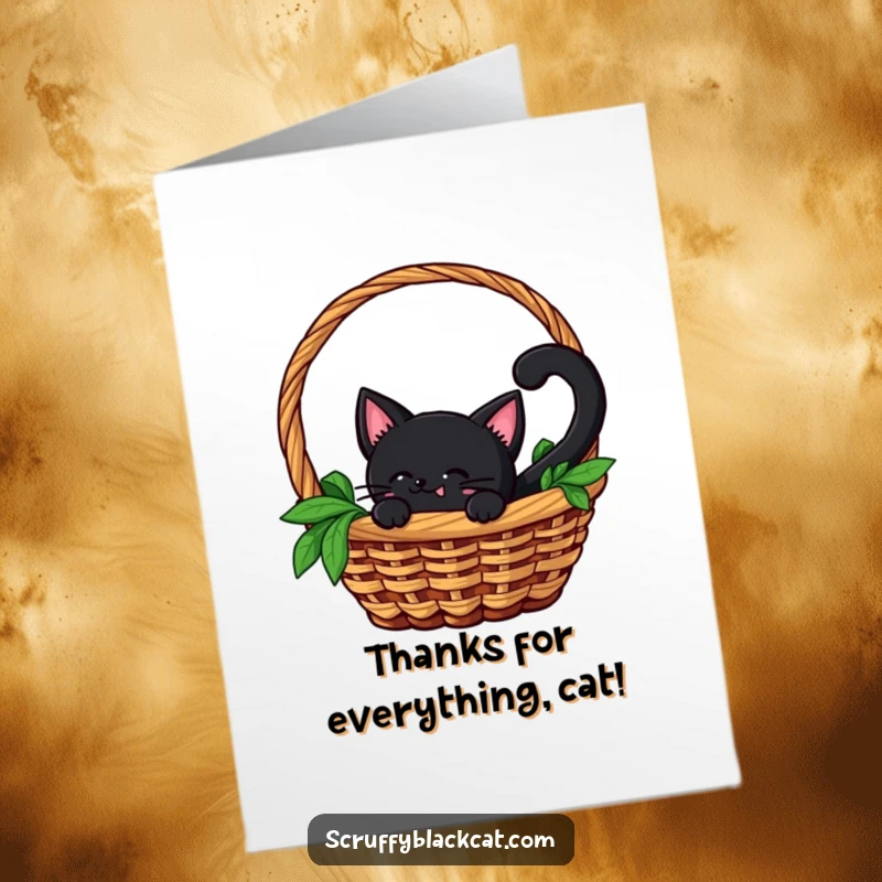 Funny Free Printable Thank You Card: A black cat with a joyful wagging tail peeks out from a basket, conveying thanks.