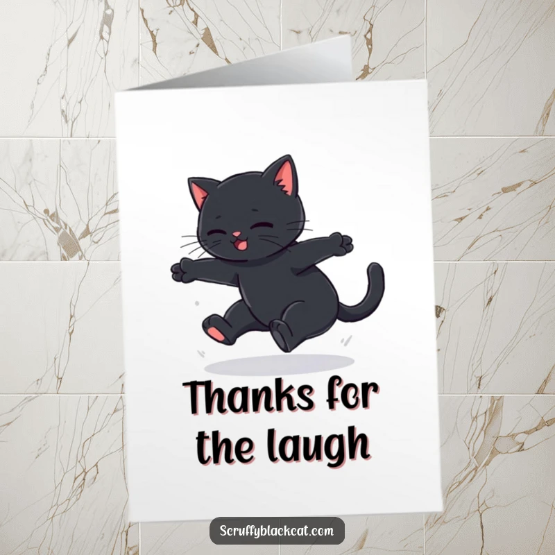 Funny Free Printable Thank You Card: Black cat tumbling slightly after a failed jump, a look of mild surprise.
