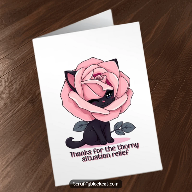 Funny Free Printable Thank You Card: Shy black cat peeking from behind a dark gothic rose, expressing thanks.