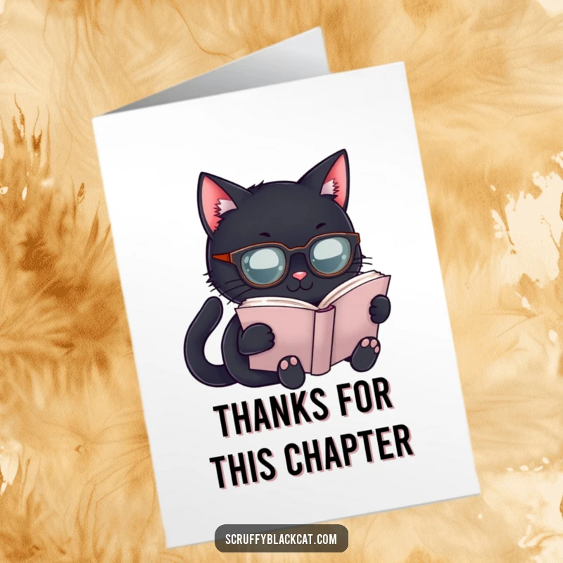 Free Printable Thank You Card: Black cat wearing spectacles, engrossed in a book, a thoughtful thank you.
