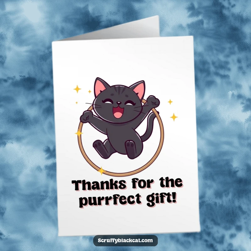 Funny Free Printable Thank You Card: A black cat doing a triumphant hoop jump, expressing thanks with playful energy.