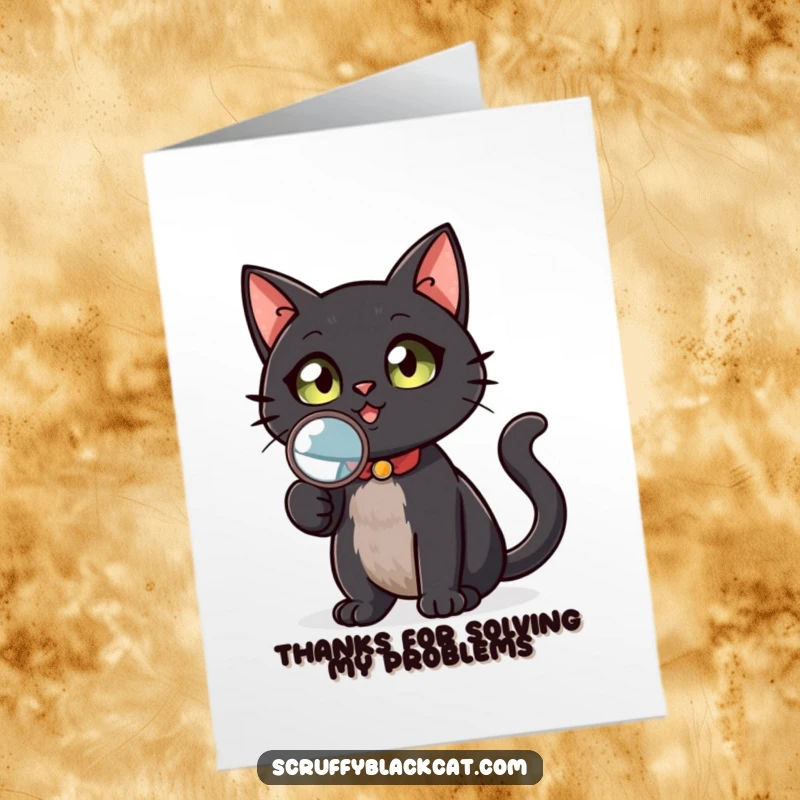 Funny Free Printable Thank You Card: Black cat with magnifying glass, looking impressed and thankful for kindness.