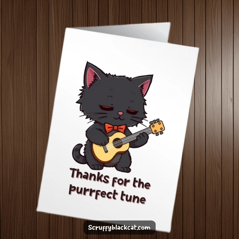 Funny Free Printable Thank You Card: A cool black cat in a bow tie strums a tiny guitar gracefully.