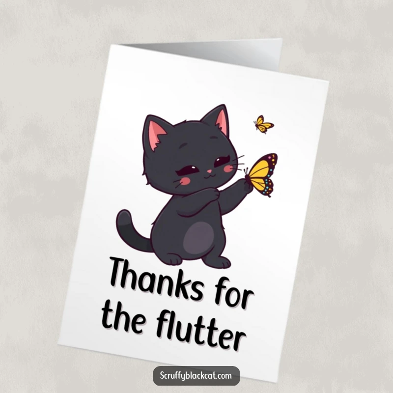 Funny Free Printable Thank You Card: Black cat playfully swats at a butterfly, expressing thanks.