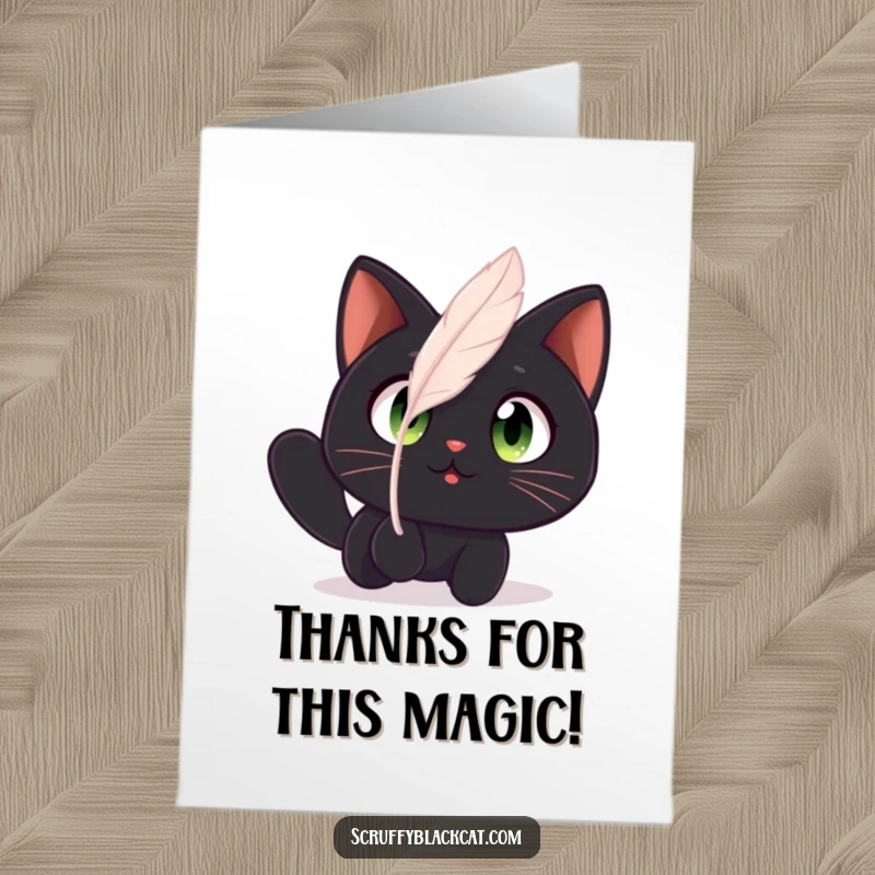 Funny Free Printable Thank You Card: Black Cat with Wide Amazed Eyes Watching a Floating Feather