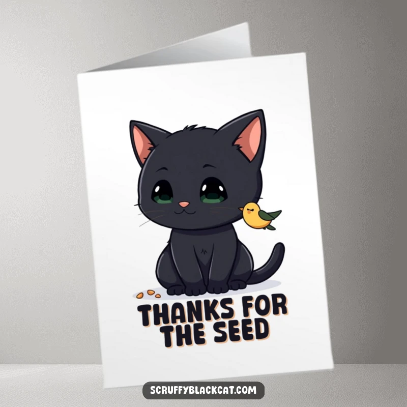 Funny Free Printable Thank You Card: Black cat with perked ears, curiously eyeing birdseed, a focused and appreciative look.