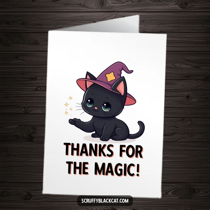 Funny Free Printable Thank You Card: Black Cat in Wizard Hat Conjuring a Sparkly Puff