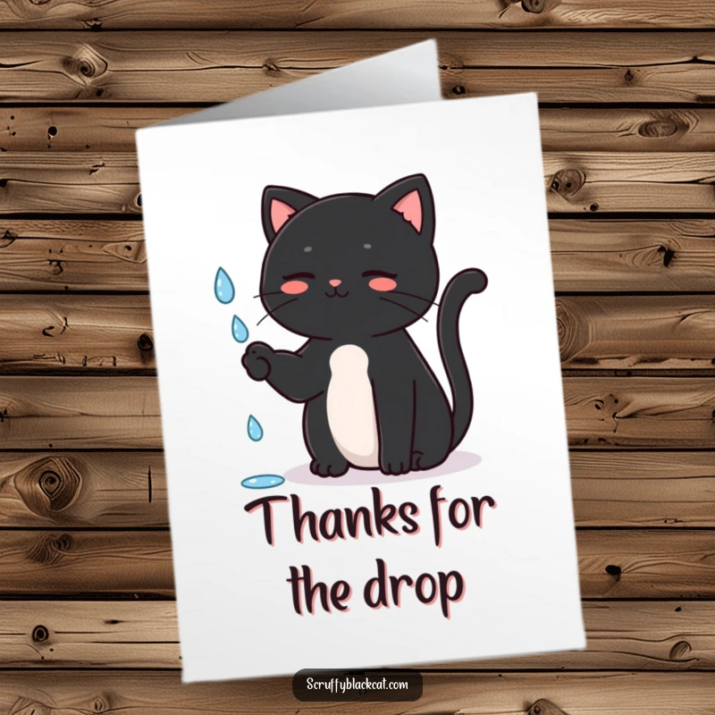 Funny Free Printable Thank You Card: Black cat sitting upright, focused on batting a falling raindrop, a sweet gesture of thanks.