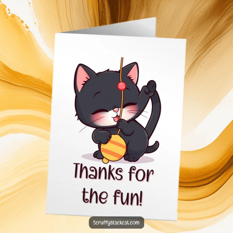 Funny free printable thank you card depicting a small black cat enthusiastically playing with a dangling string toy.