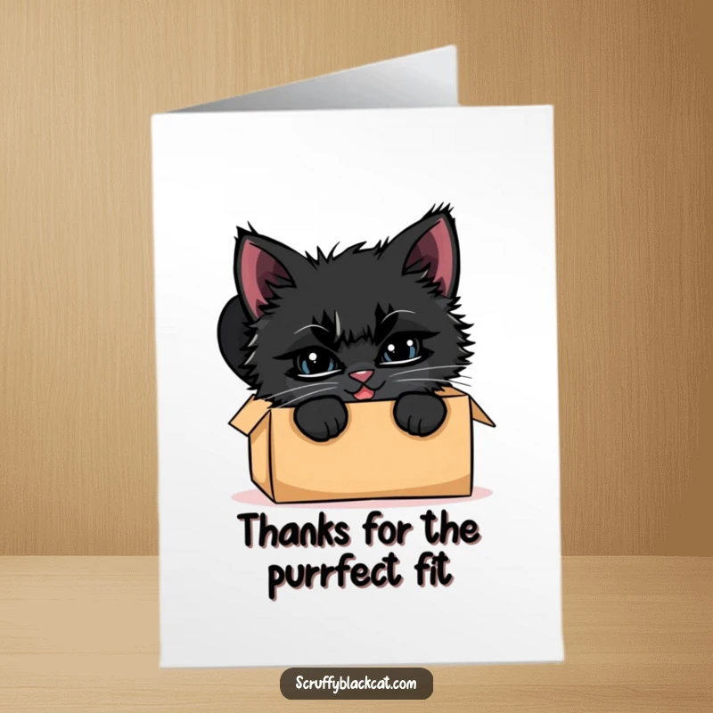 Funny Free Printable thank you card: A scruffy black kitten with a wide, cheeky grin peeks playfully from the opening of a cardboard box.